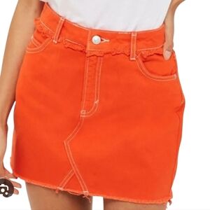 Topshop Moto Bright Orange Denim Raw Frayed Edge Mini Skirt Womens Size 14